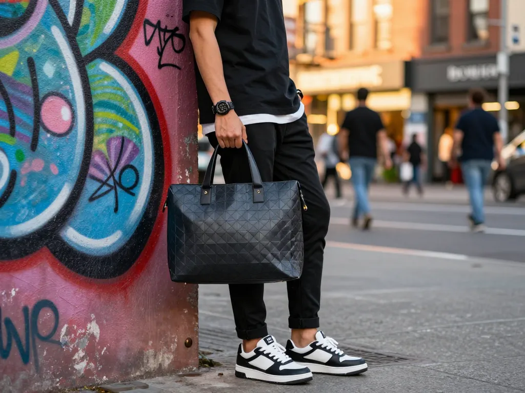 Stylish individual showcasing high-quality 레플리카 fashion products against an urban backdrop.