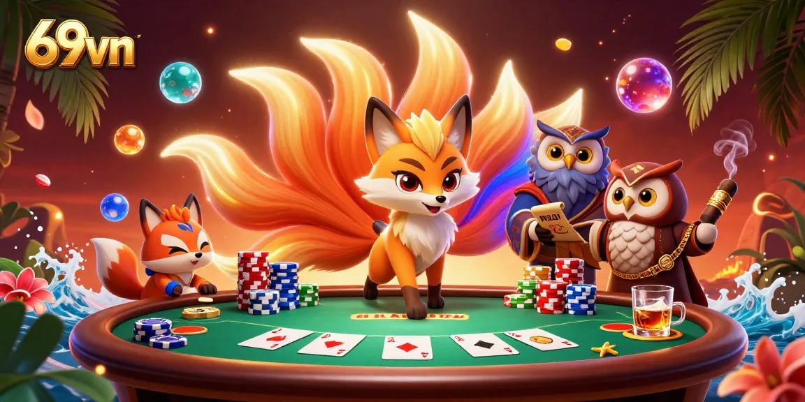 Engage in thrilling poker excitement with the vibrant 69vn casino atmosphere and glowing characters.