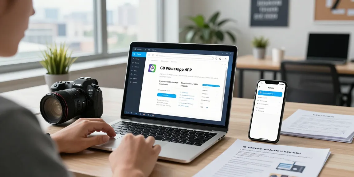 Exploring the latest GB WhatsApp APK features on a laptop in a vibrant tech workspace.