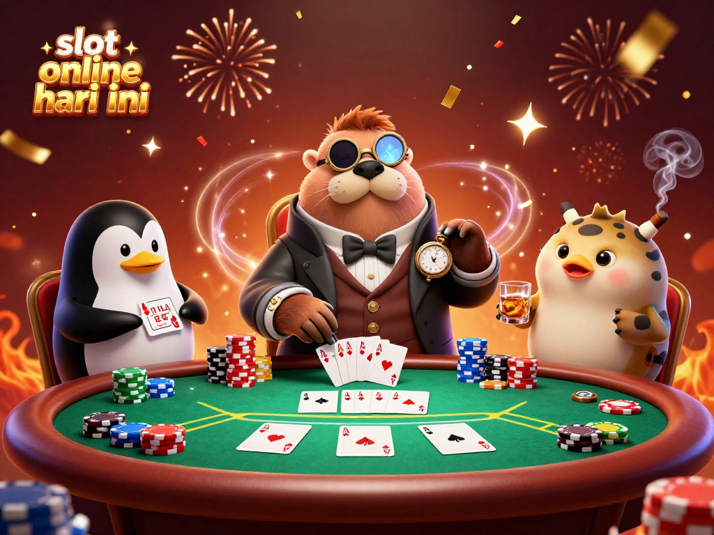 Mainkan slot online hari ini dengan gambar ilustrasi kasino bawah laut yang menampilkan walrus, dealer penguin, dan ikan puffer bluffing.