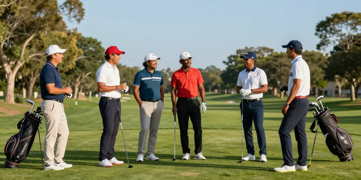 Group of golfers showcasing stylish 골프웨어 레플리카 on sunny golf course