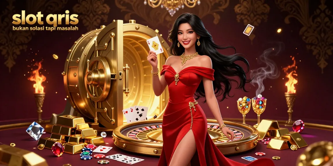 A photorealistic scene illustrating the concept that slot qris bukan solusi tapi masalah, showcasing a confident woman holding a playing card next to a roulette wheel amidst dynamic casino elements.