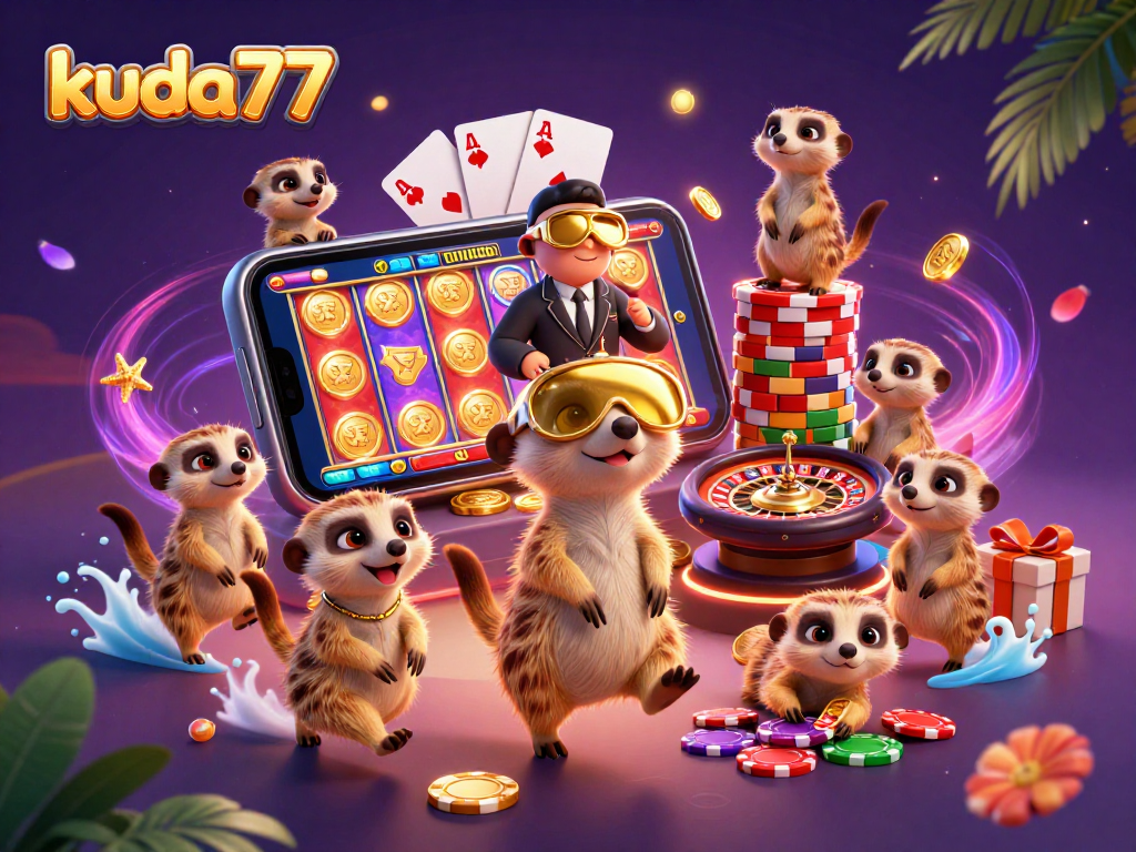 Meerkat kuda77 menjalankan operasi kasino dengan permainan slot berputar dan chip emas.