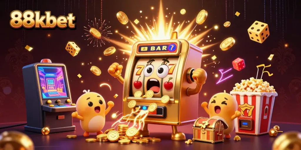 88kbet's golden slot machine hits a jackpot surrounded by cheering baby slots and golden popcorn.