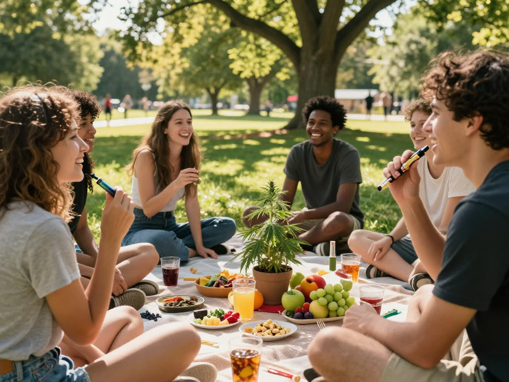 jungle boys weed disposable vape device amidst a joyful outdoor scene, emphasizing natural wellness and social enjoyment, infused with organic elements.
