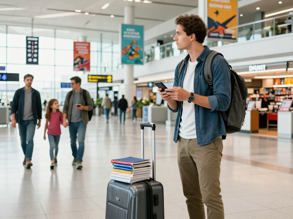 Dynamic scene at chesterairport.co.uk with a traveler preparing for an adventure amidst bustling airport atmosphere.