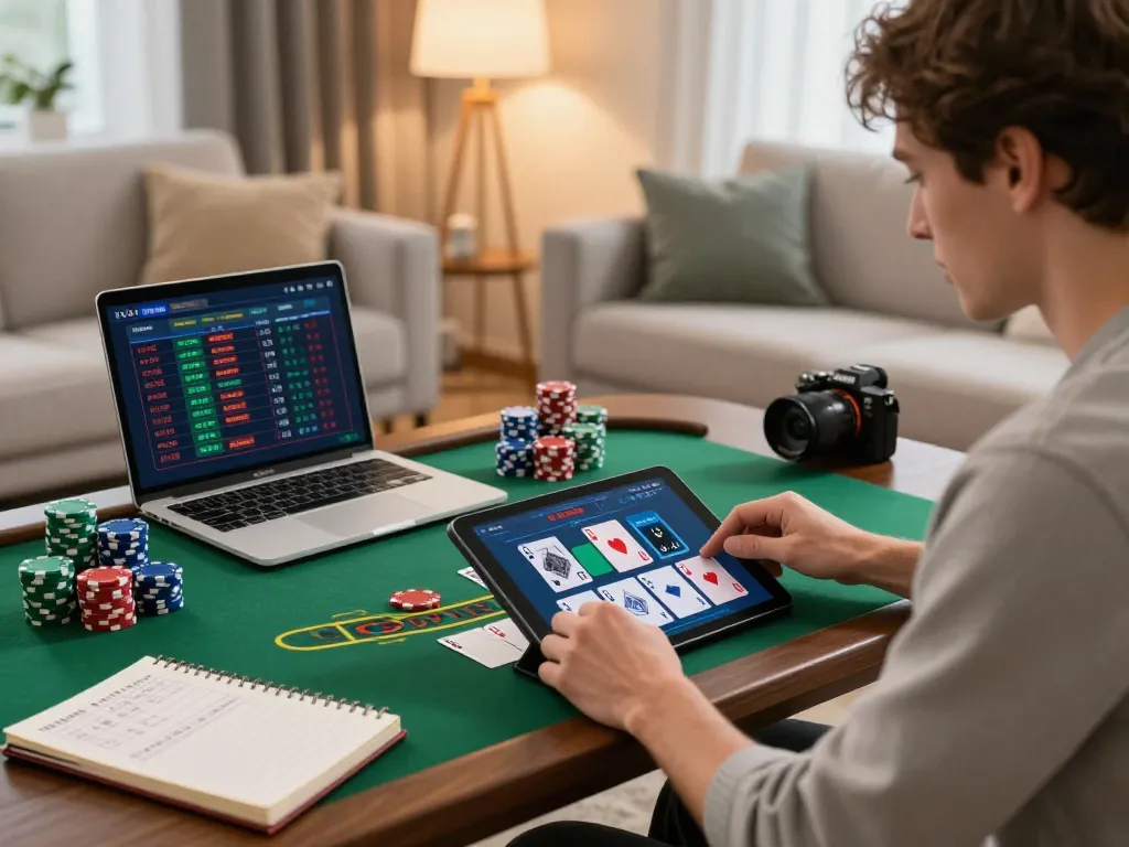 Engaged player at home using https://l567.tech/ on tablet for a thrilling online blackjack game.