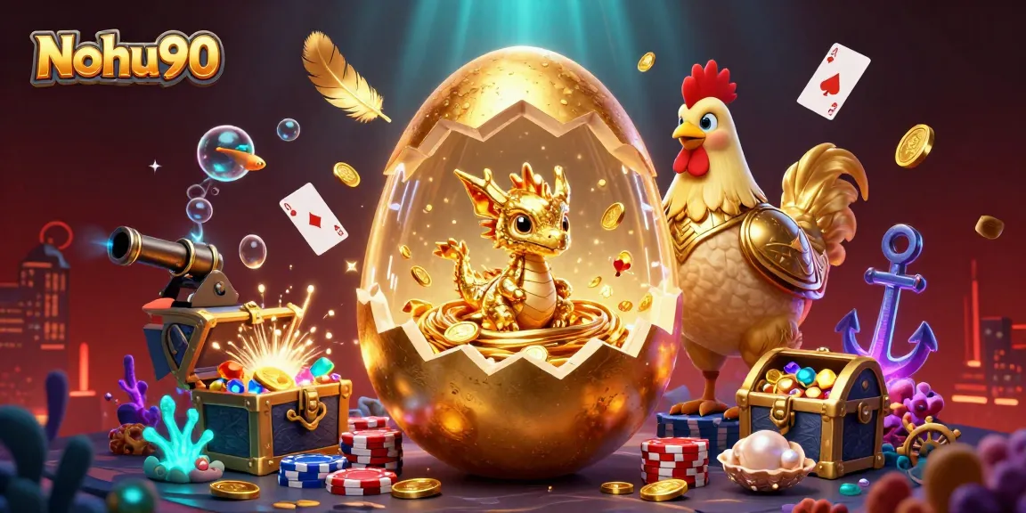 Nohu90 captivates with a golden dragon amidst poker chips and treasure, showcasing thrilling gaming moments.