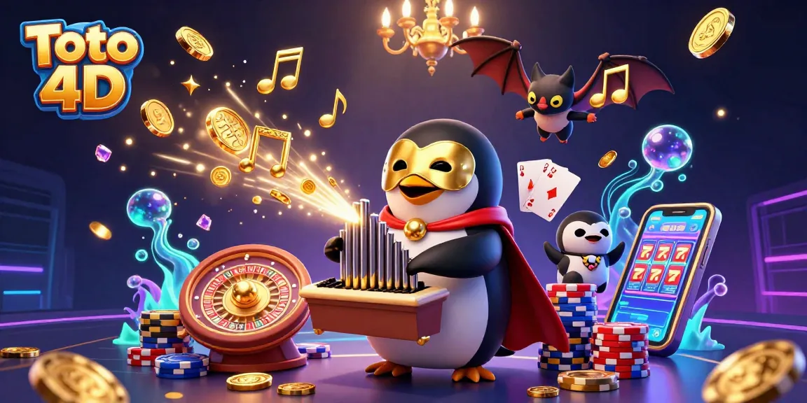Engage with Toto 4D as a penguin organist plays while gold coins rain down in an enchanting casino.