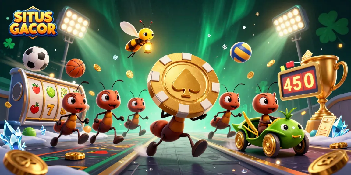SITUS GACOR showcases a vibrant heist scene with ants and gaming elements, perfect for casino fans.