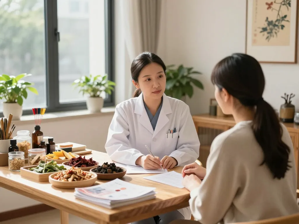 Consultation session at 수원한의원 featuring a practitioner discussing wellness options with a patient in a calming clinic.