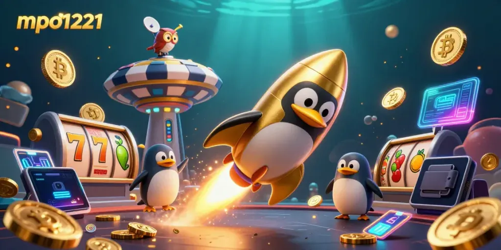 Spin the reels with mpo1221 as a golden penguin blasts through space, surrounded by vibrant casino elements.