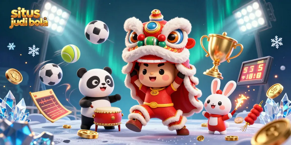 Situs judi bola featuring a lively 3D Chinese New Year lion dance alongside animated sports elements and festive characters.