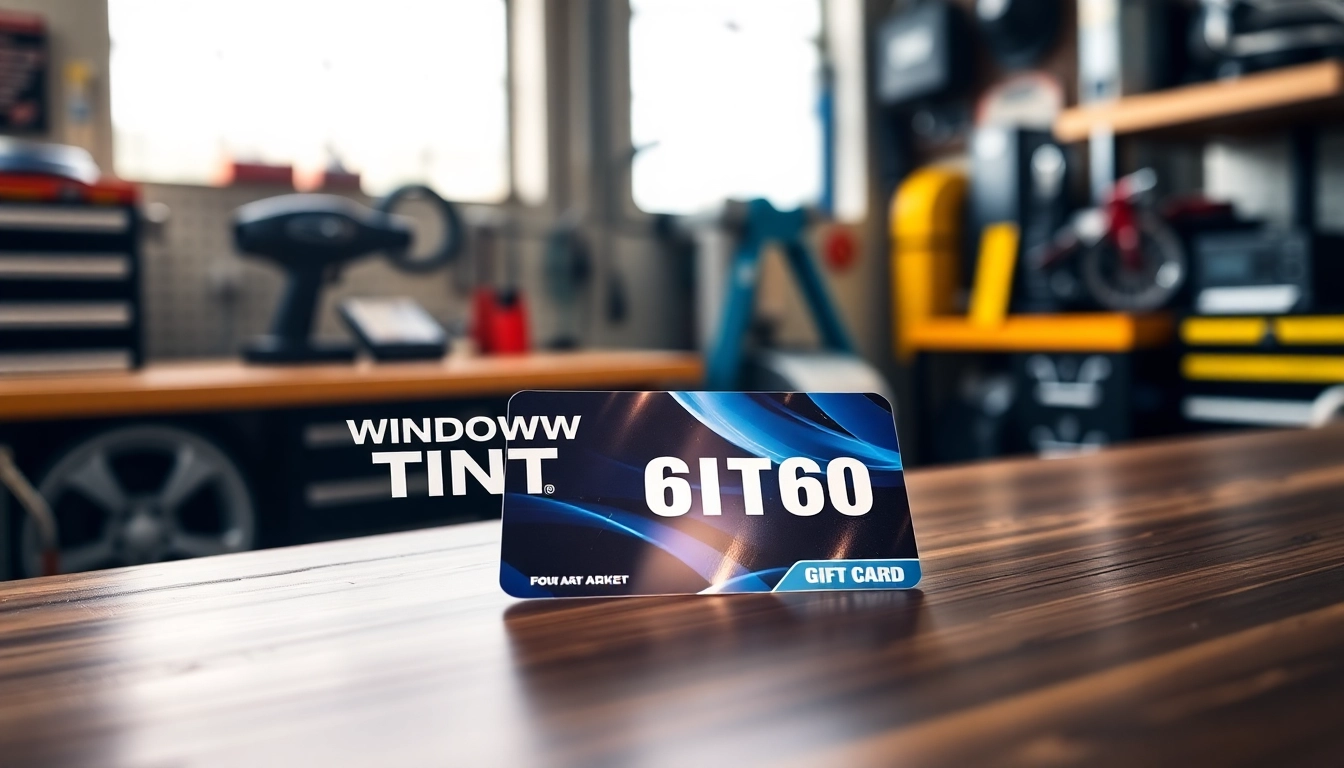 Purchase a window tint gift card, elegantly displayed in a modern shop setting with vibrant colors.