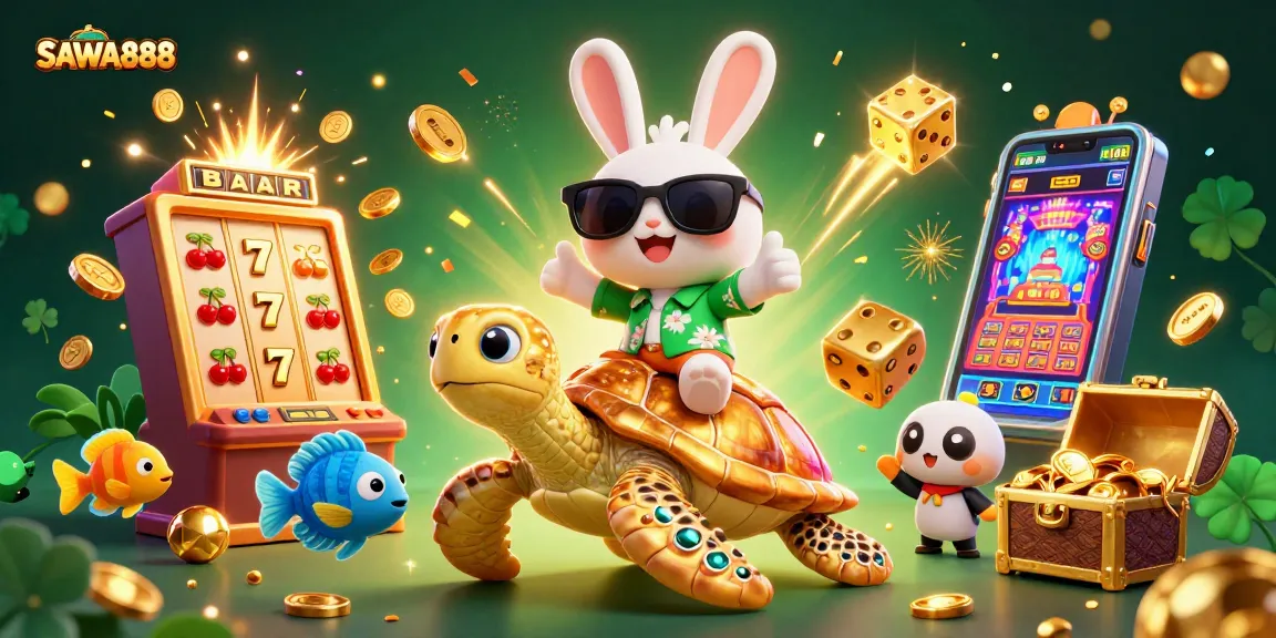 Engage with SAWA888 as a lucky rabbit celebrates jackpot wins surrounded by vibrant casino elements.