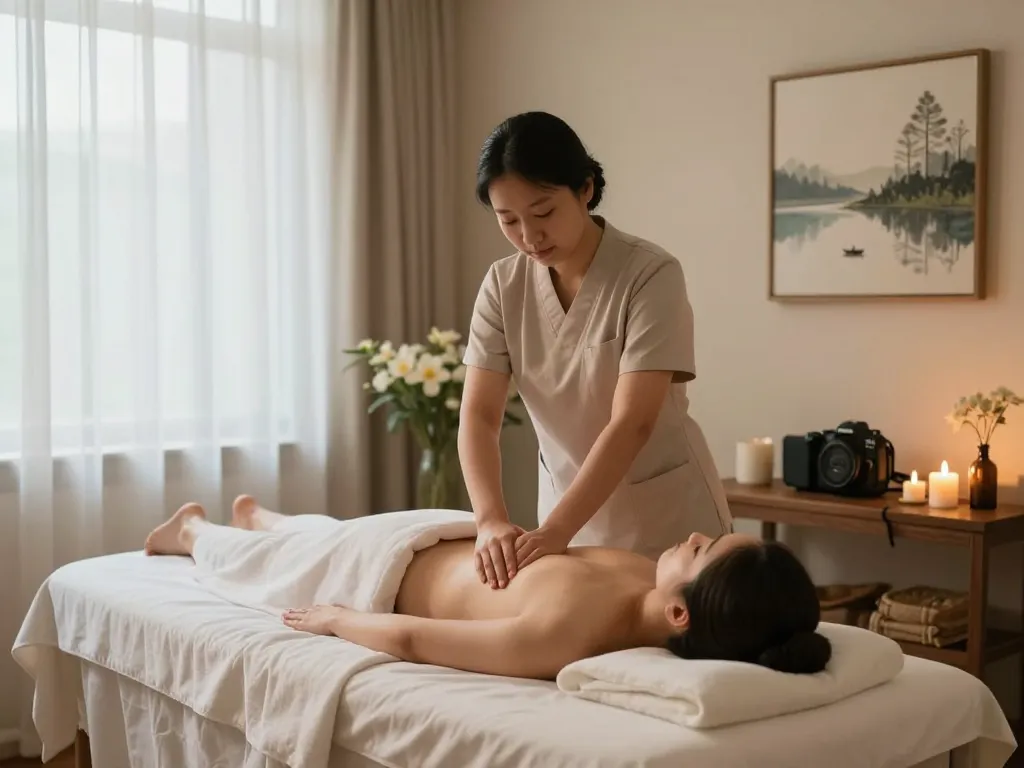 Massage session in a tranquil spa environment featuring a Swedish massage with calming decor and ambient lighting.