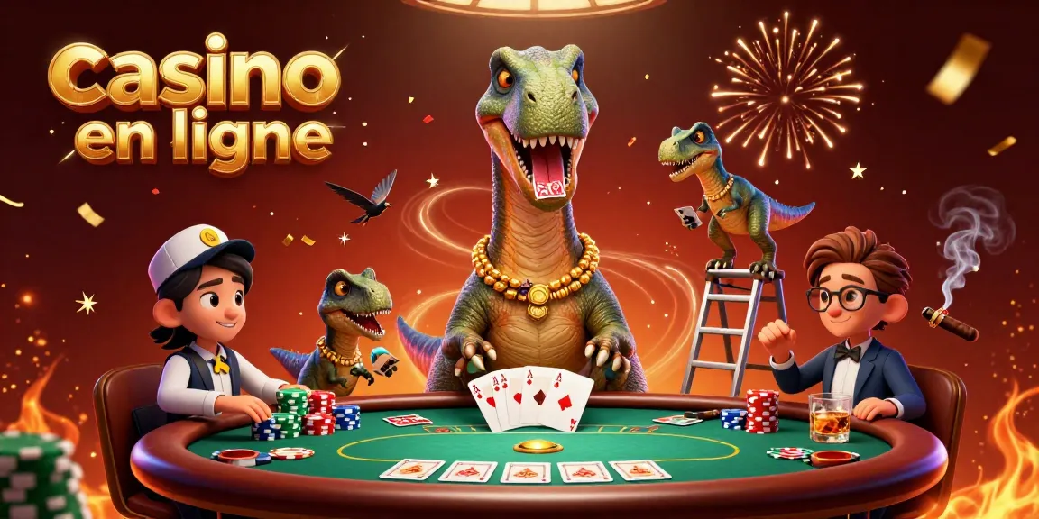 Illustration 3D colorée montrant un brontosaure dans un casino en ligne, partageant des cartes à une table de poker.