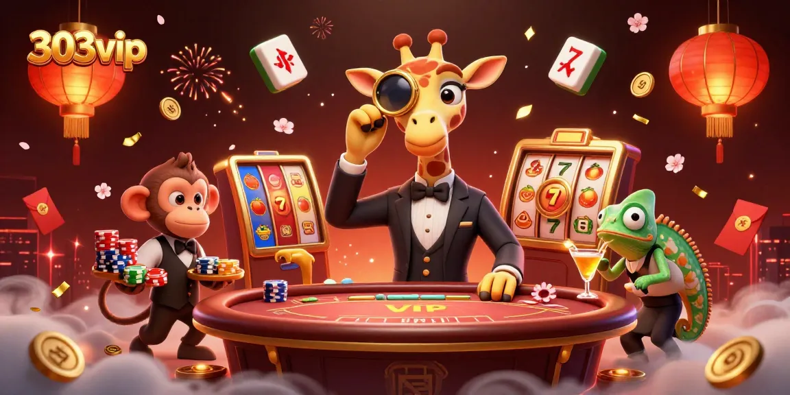 Engage in the thrilling world of 303vip as a high-roller giraffe plays poker, with dynamic casino elements.
