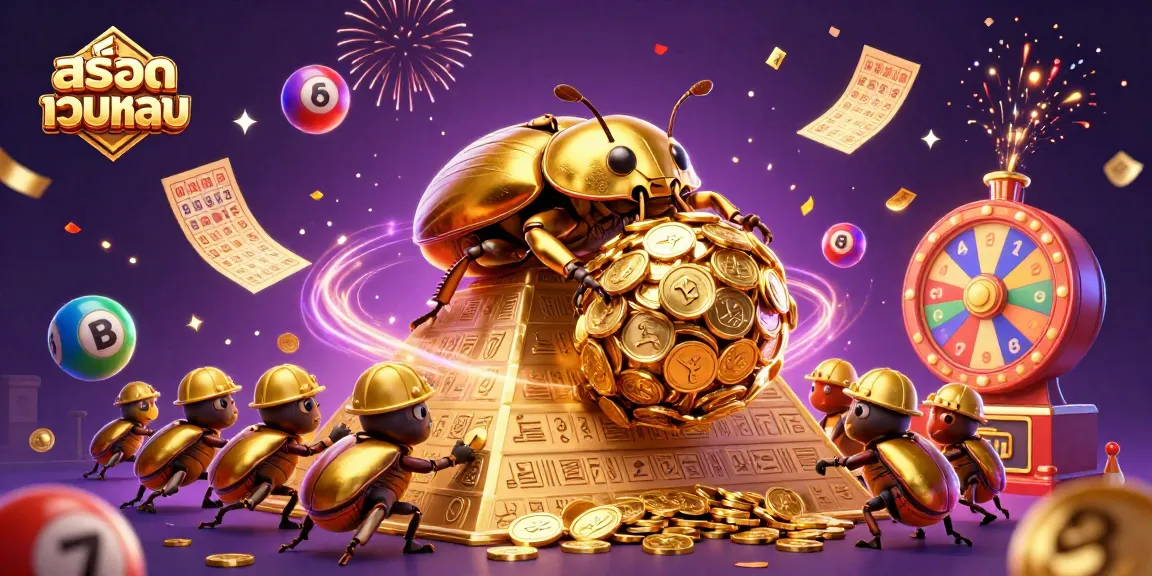 Experience thrilling สล็อตเว็บตรง action with golden beetles rolling coins, vibrant lottery elements, and dynamic casino atmosphere.