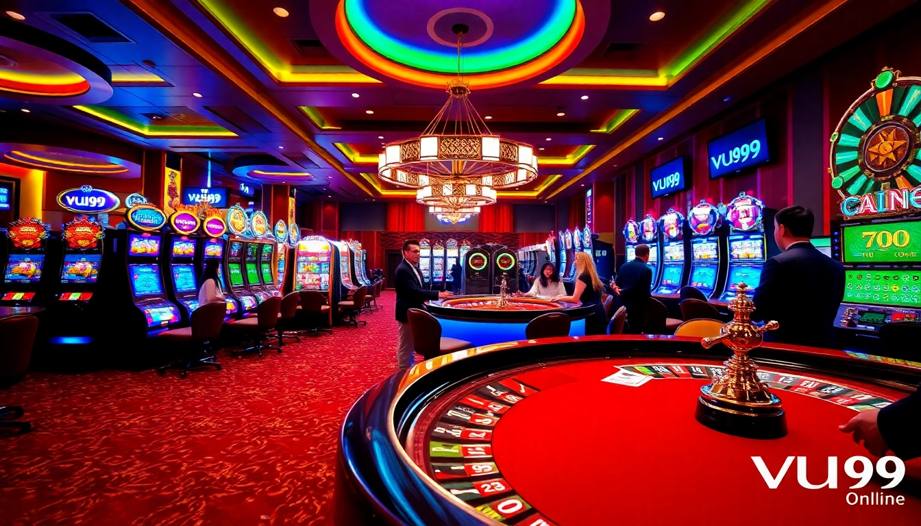 Vua99 players enjoying exciting slot games in a luxurious casino setting.