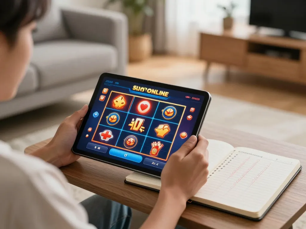 Engaging in Slot Online gaming on a tablet in a cozy home environment during a relaxing evening
