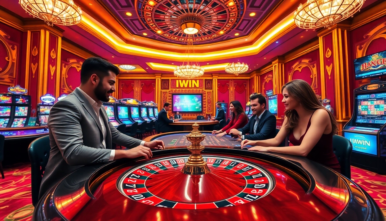 IWIN casino gaming room featuring players at roulette and poker tables.