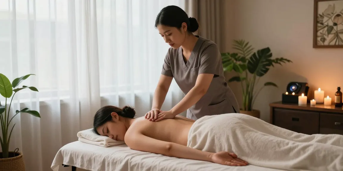 Massage therapist providing a relaxing 마사지 experience in a serene spa setting with calming decor