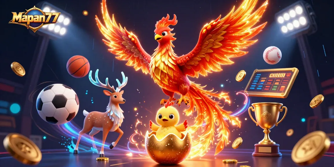 Experience the thrill of Mapan777 through this vivid 3D illustration highlighting a phoenix and sports betting elements.
