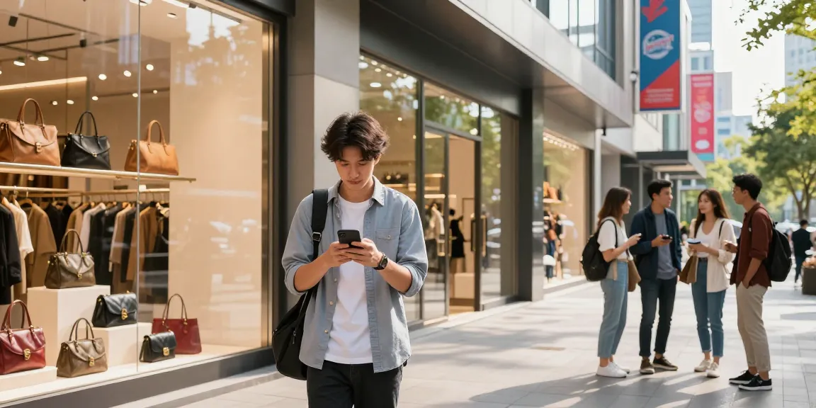 Shopping at a luxury 레플리카 쇼핑몰 with stylish displays and happy customers.