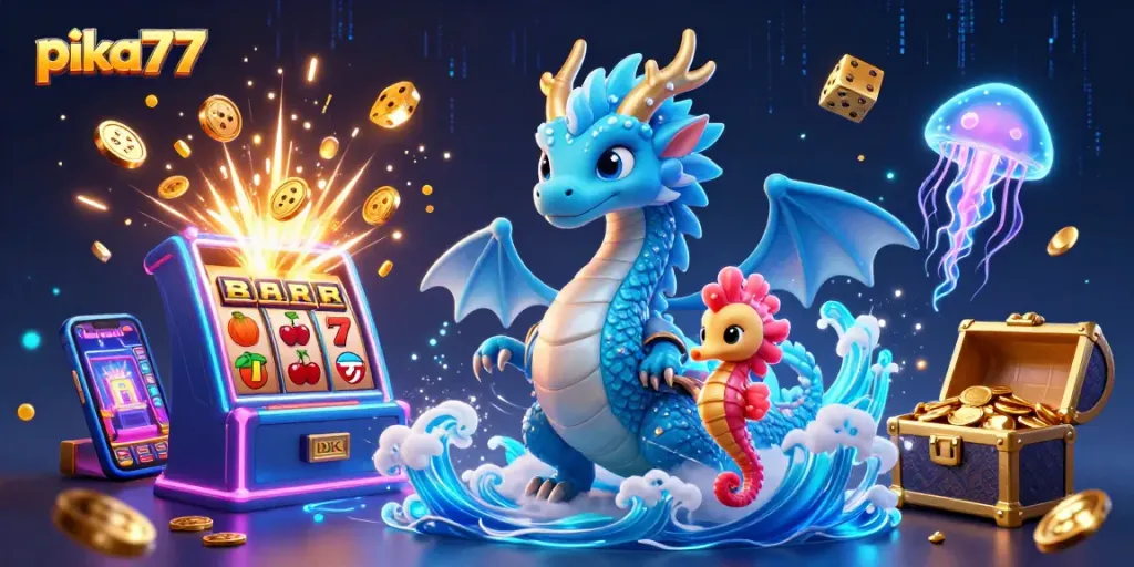 Engage with exciting jackpots at pika77 with a vibrant scene of a water dragon and casino elements.