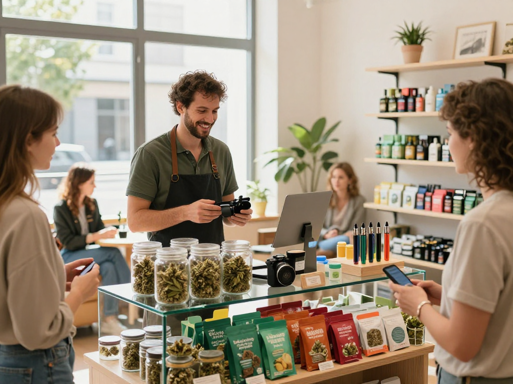 Order Weed Strains Online Europe in a modern cannabis shop with friendly staff and vibrant product displays.