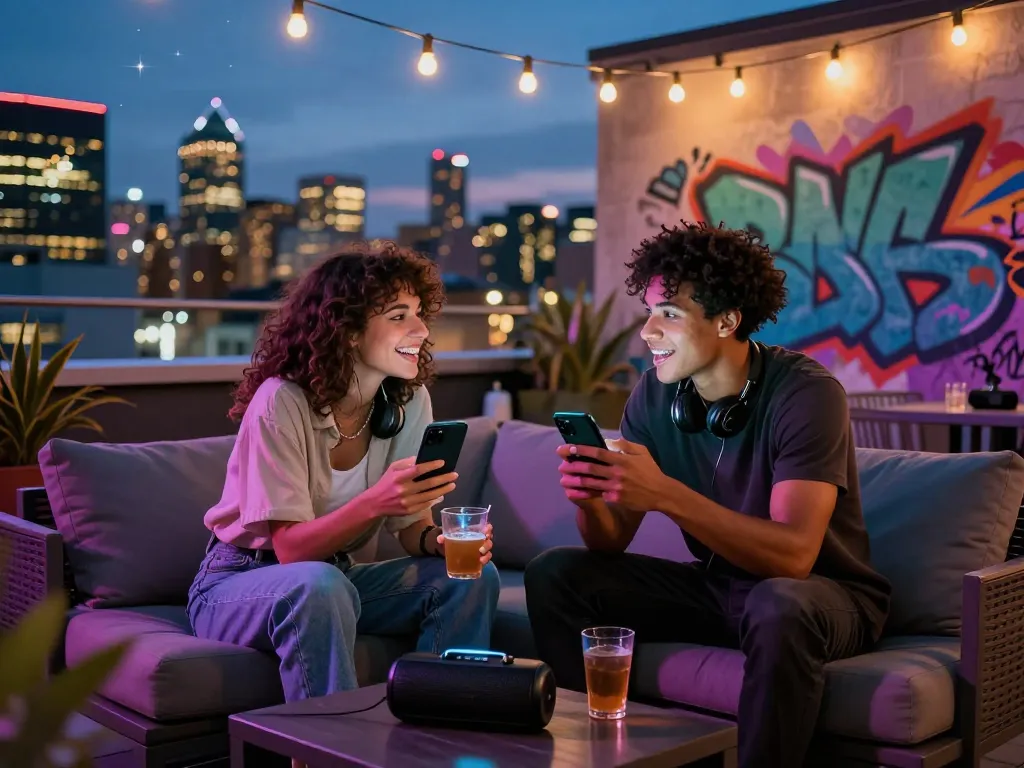 Two friends enjoying NSFW AI chat on smartphones in a vibrant urban rooftop setting.