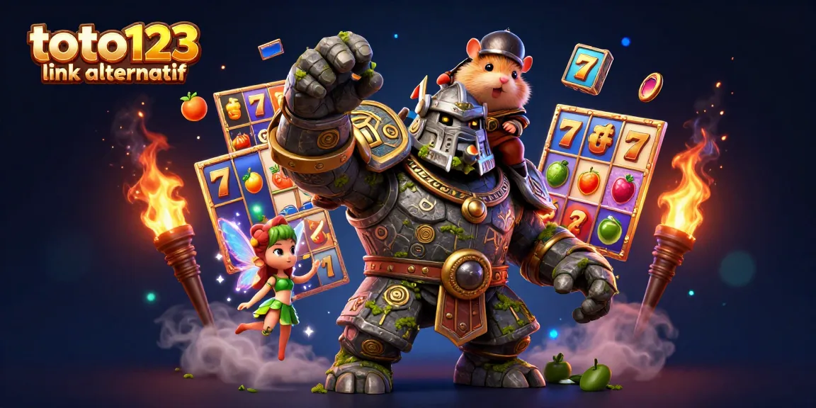 Toto123 link alternatif showcases vibrant slot gaming elements with enchanting characters in a magical scene.
