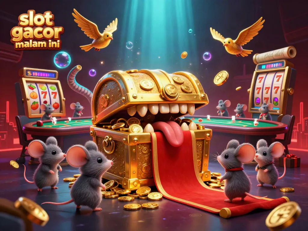 Menangkan permainan slot gacor malam ini dengan tampilan peti harta karun kartun dan elemen kasino menarik.