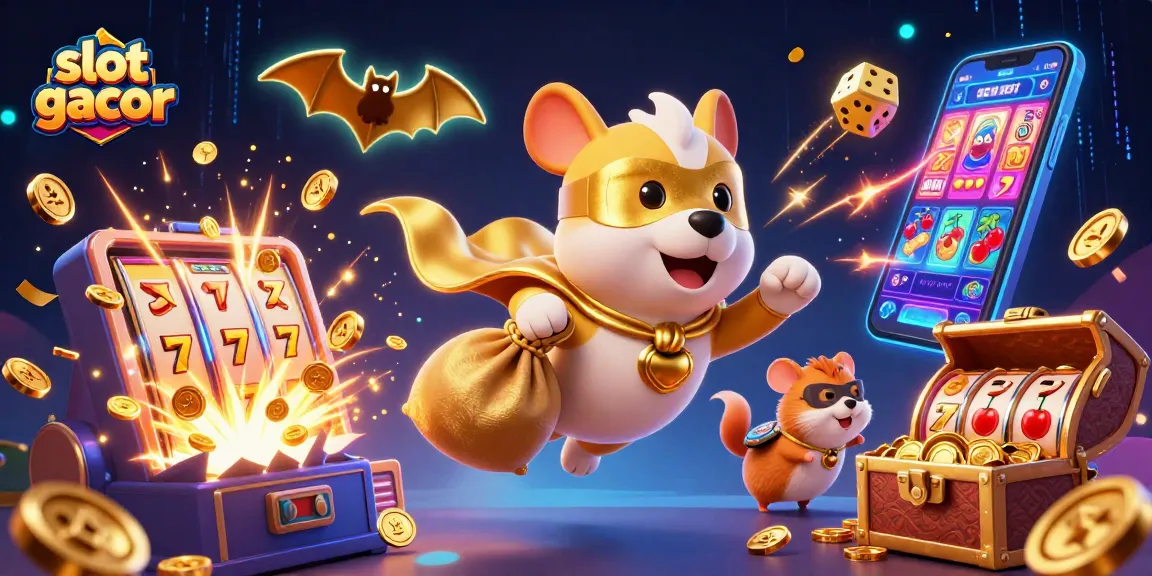 Bermain slot gacor menyenangkan dengan ilustrasi 3D kucing superheroe dan Hamster, dikelilingi mesin slot dan harta karun.