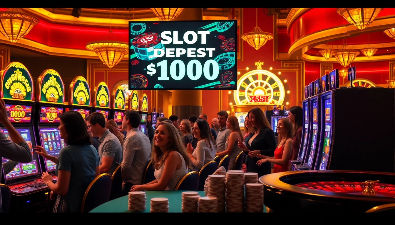 Players enjoying a thrilling gaming experience at slot machines with a slot deposit 1000 theme.