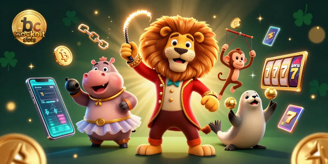 Engage with thrilling btc jackpot slots in a vibrant 3D casino scene featuring colorful characters.