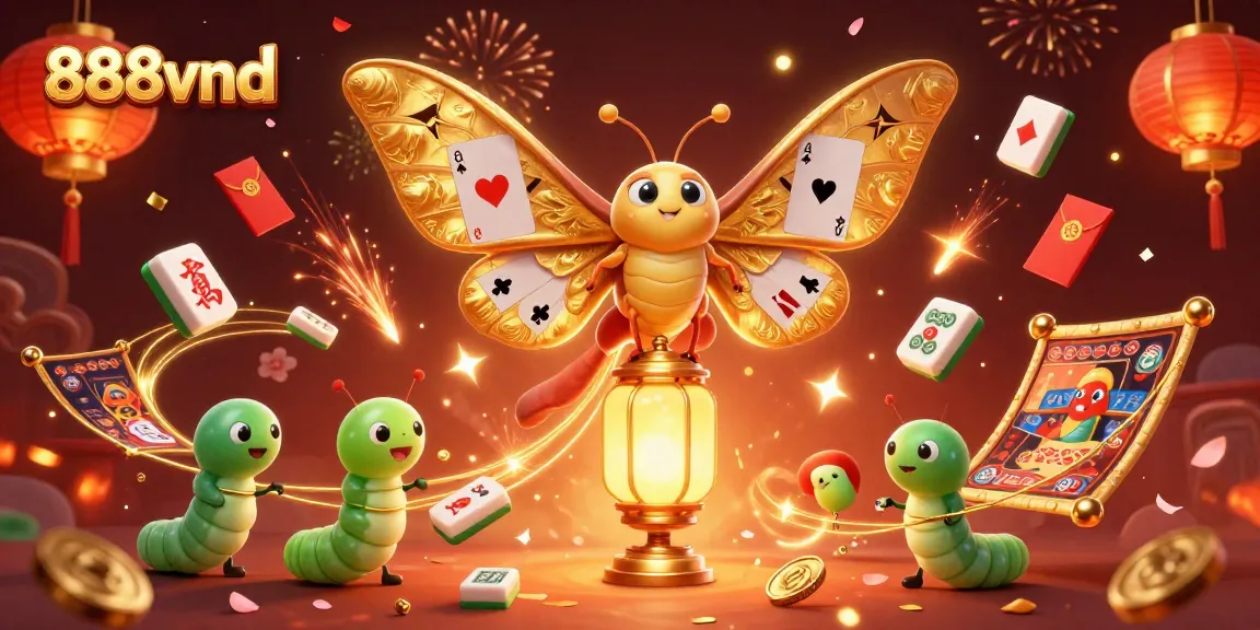 Engage with 888vnd's vibrant casino experience featuring golden moths and festive gaming elements.