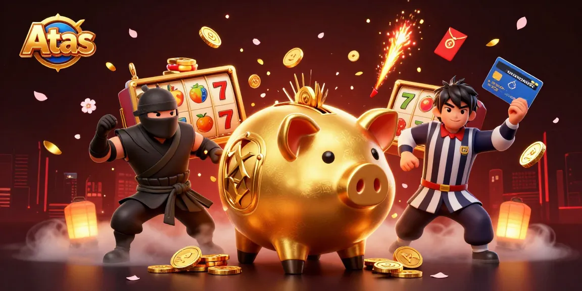 Atas Casino illustration with a golden piggy bank wrestler revealing coins amidst dynamic casino elements.