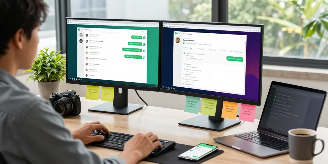 Individual using WhatsApp電腦版 on desktop in a modern workspace with vibrant chat windows.