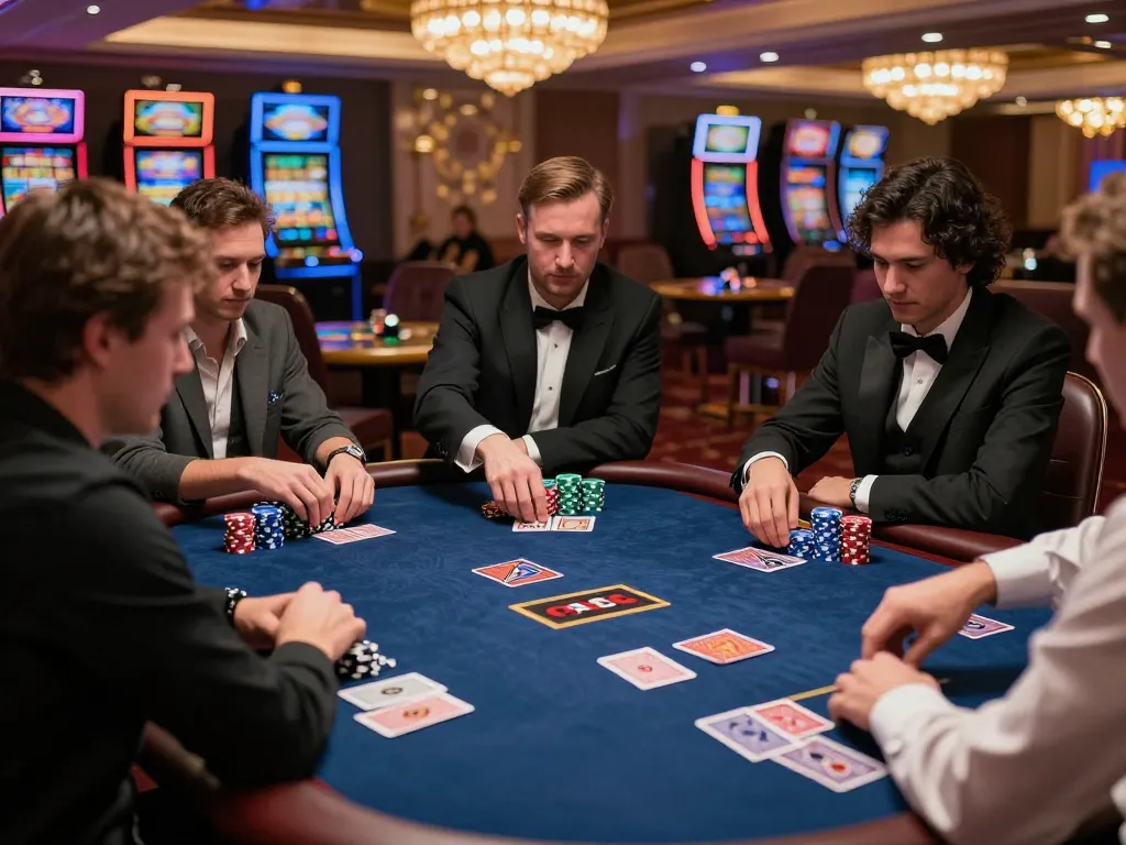 Players strategizing at a luxurious poker table, with 388bet emphasized through high-stakes gameplay.