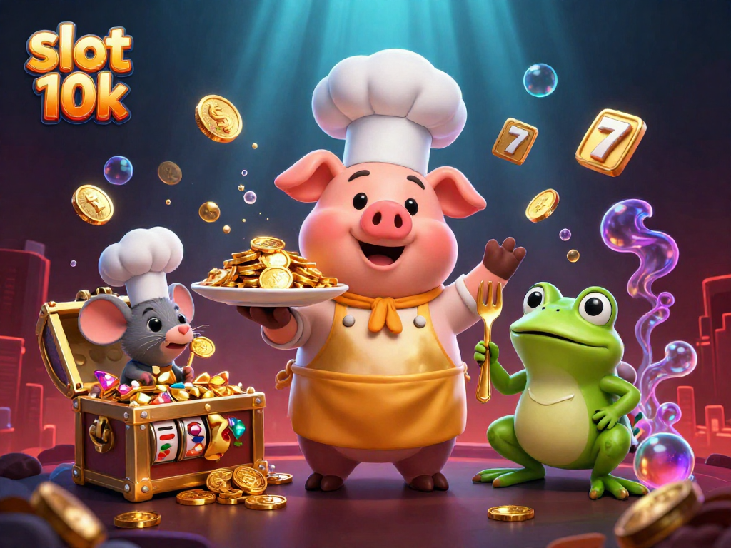 Engage with slot 10k action featuring a chef pig serving golden coins in a vibrant casino scene.