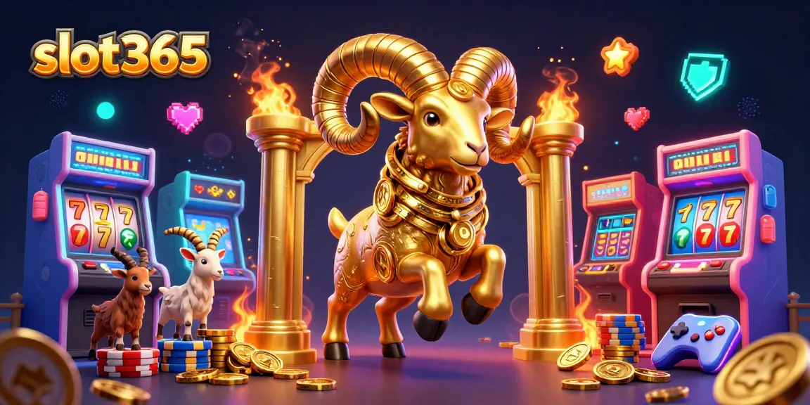 Engage with slot365 as a golden ram charges through a vibrant casino scene filled with spinning reels and neon game elements.