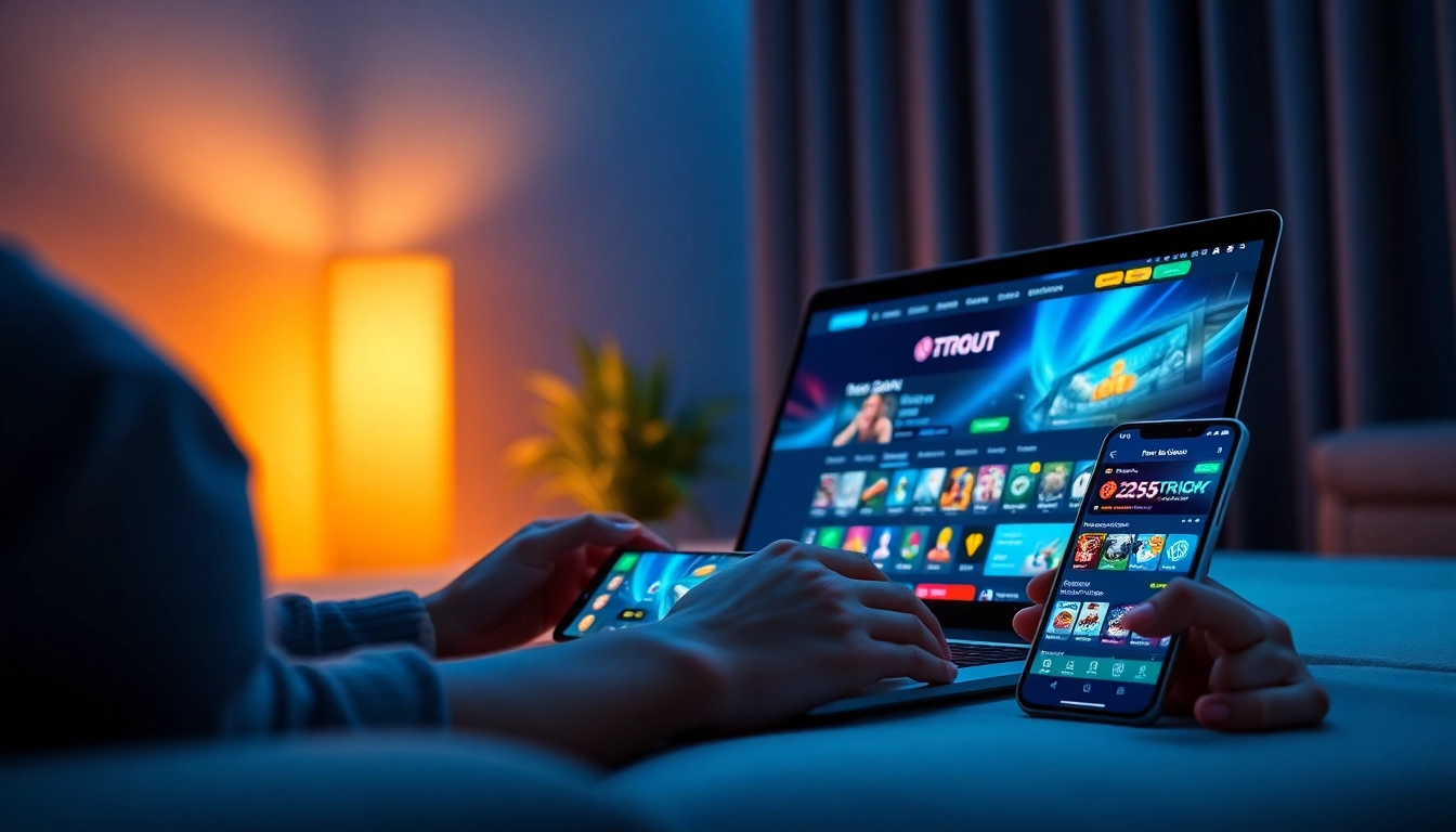Engaged user navigating the TV88 online betting platform on laptop and smartphone, showcasing modern design.