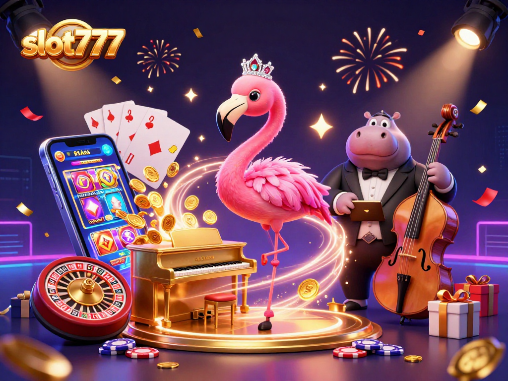 Spin the reels and win big with slot777 in a vibrant casino environment featuring lively characters.