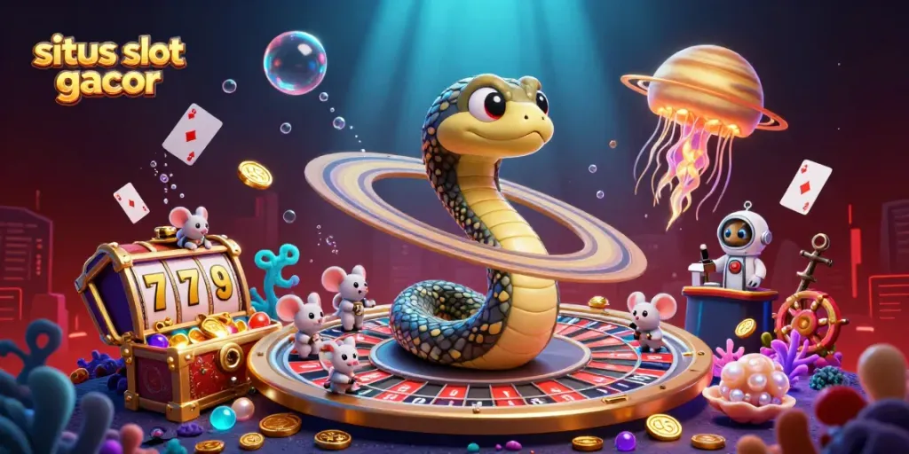 Menempatkan taruhan di situs slot gacor, dengan ilustrasi saturnus berputar dan dealer ubur-ubur emas.