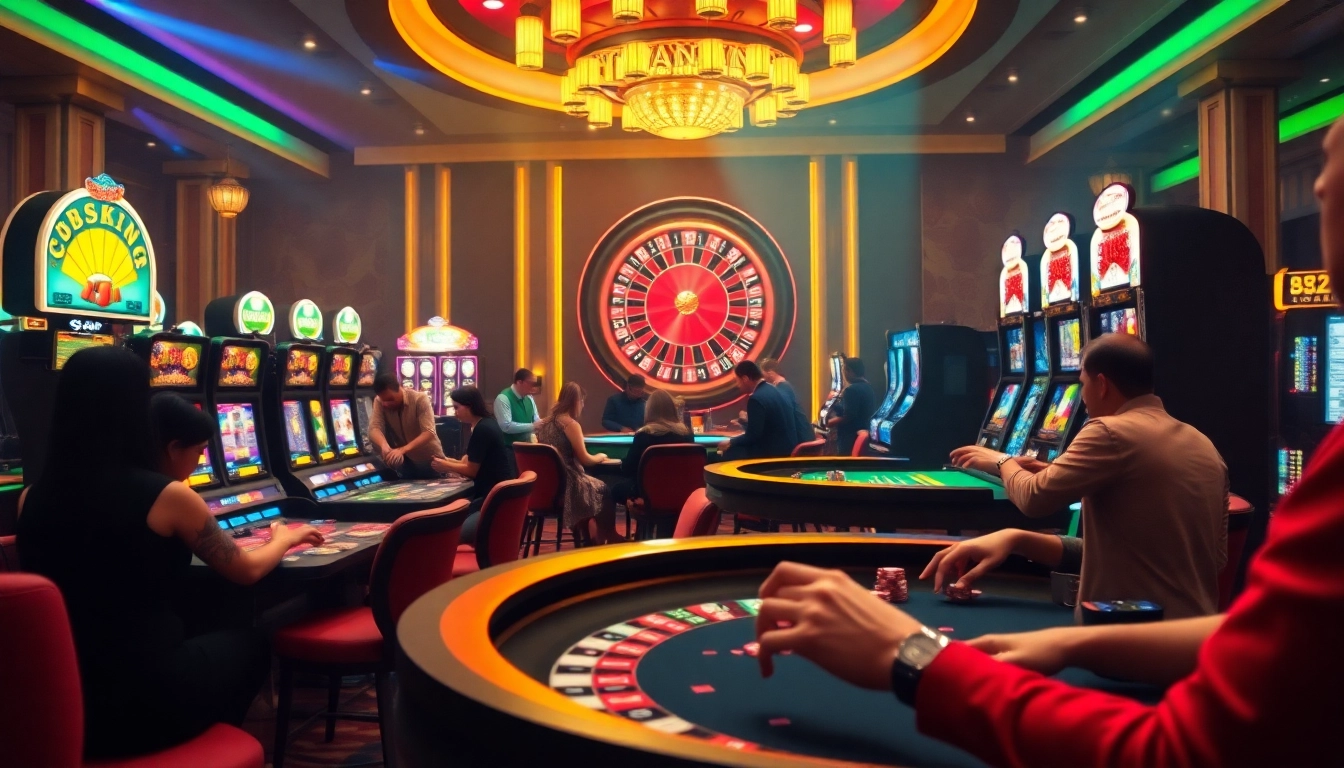 Experience vibrant gaming action at b52club with players enjoying blackjack and slot machines.