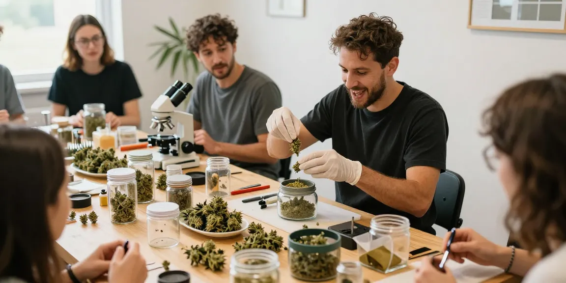 Artisan demonstrating hash sieb technique in cannabis workshop.