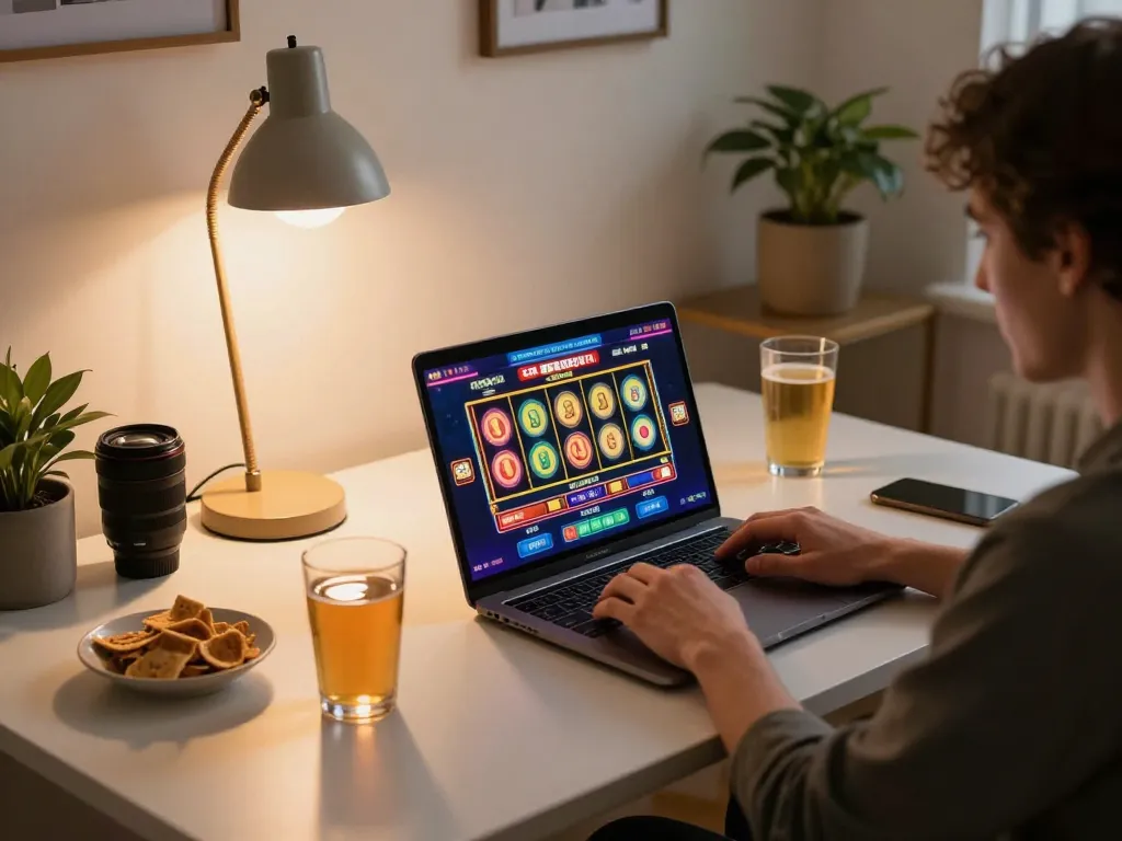 Engaging player at home using link slot interface on laptop, colorful reels visible.
