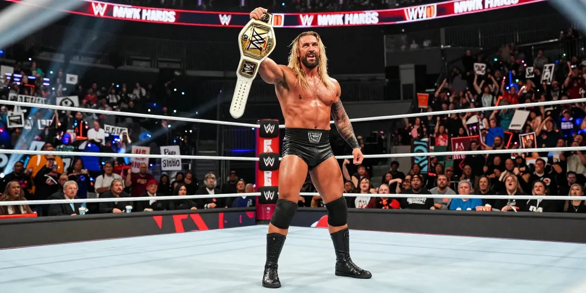 Roman Reigns celebrating his title reign in a vibrant wrestling arena.
